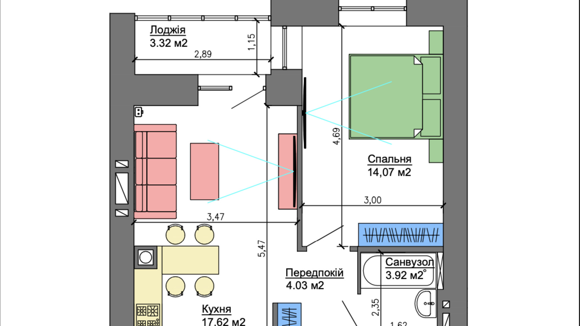 Планування 1-кімнатної квартири в ЖК Nikostar Comfort+ 41.3 м², фото 230325