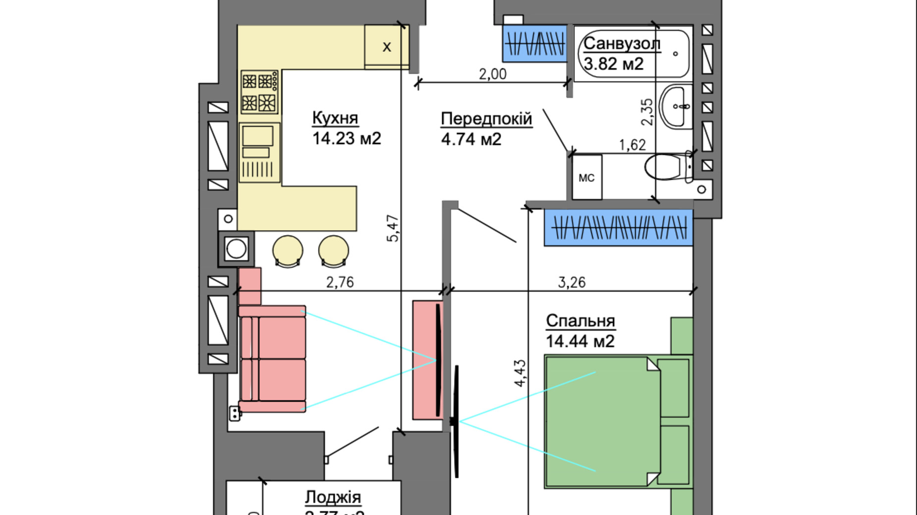 Планування 1-кімнатної квартири в ЖК Nikostar Comfort+ 38.61 м², фото 230326