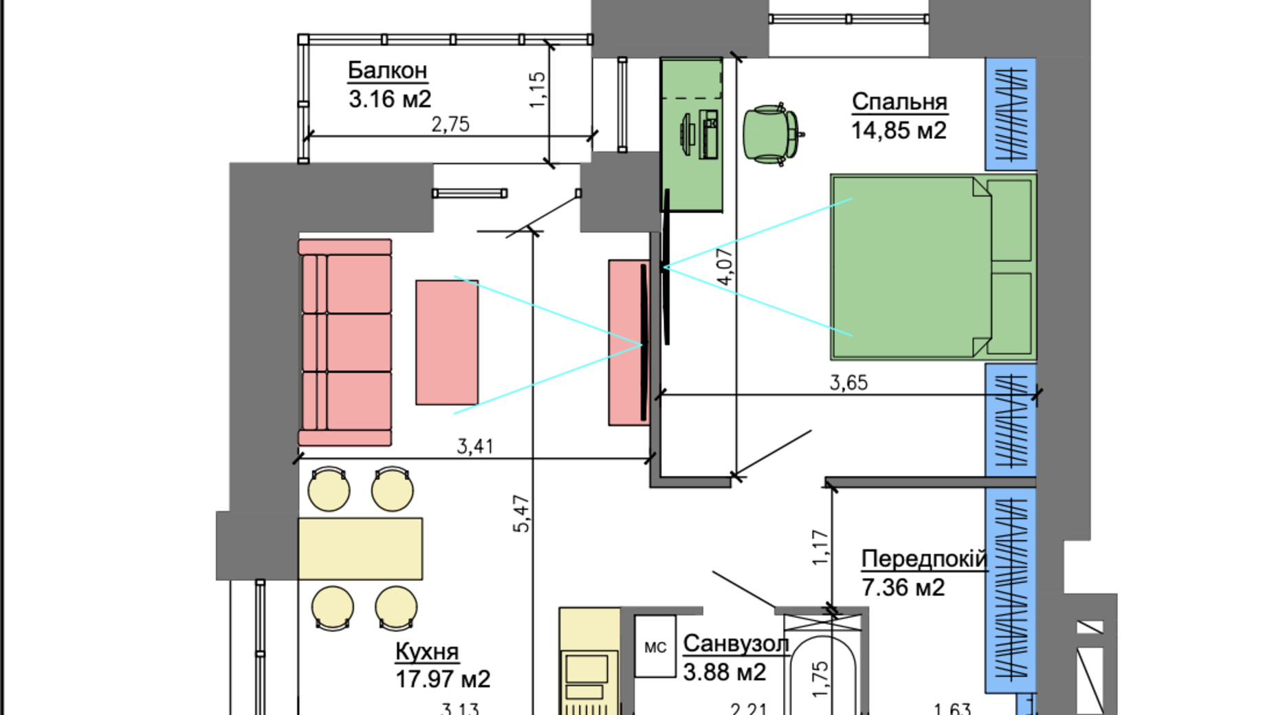 Планировка 1-комнатной квартиры в ЖК Nikostar Comfort+ 45.13 м², фото 230328