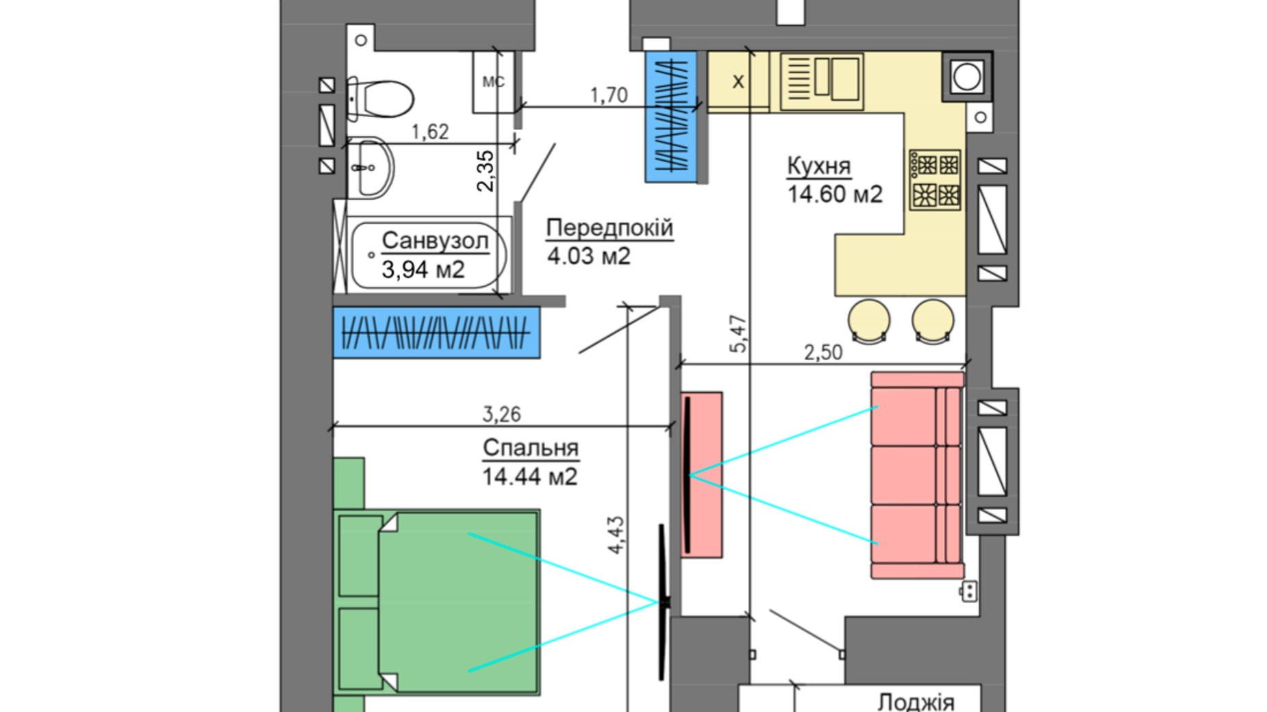 Планування 1-кімнатної квартири в ЖК Nikostar Comfort+ 38.39 м², фото 230330