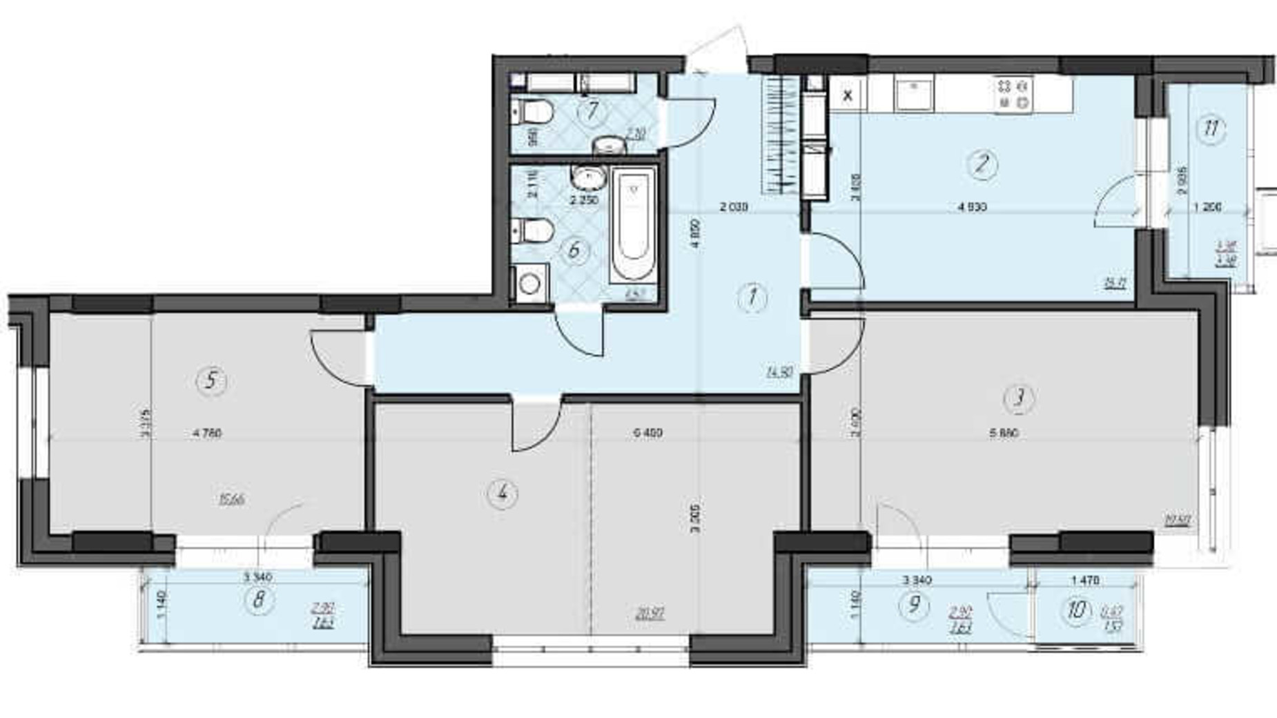 Планировка 3-комнатной квартиры в ЖК Crystal Residence 124.14 м², фото 230391