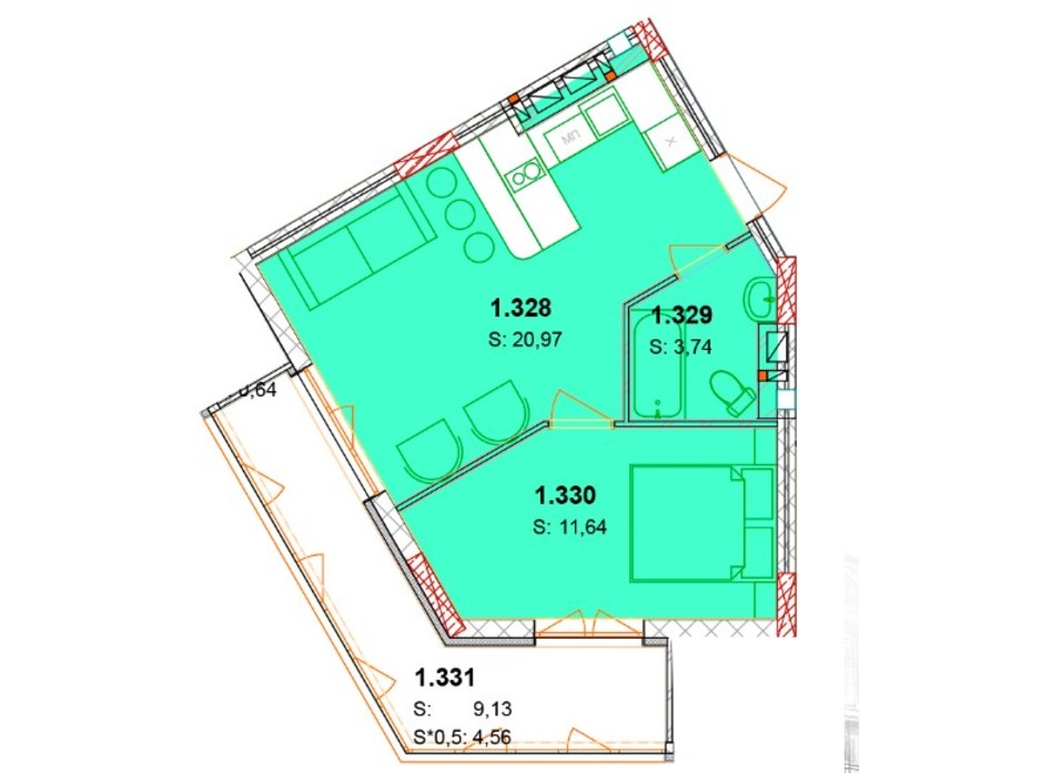 Планування 1-кімнатної квартири в ЖК Сонячний квартал 45.48 м², фото 230626 Планування 1-кімнатної квартири в ЖК Сонячний квартал 45.48 м², фото 230626