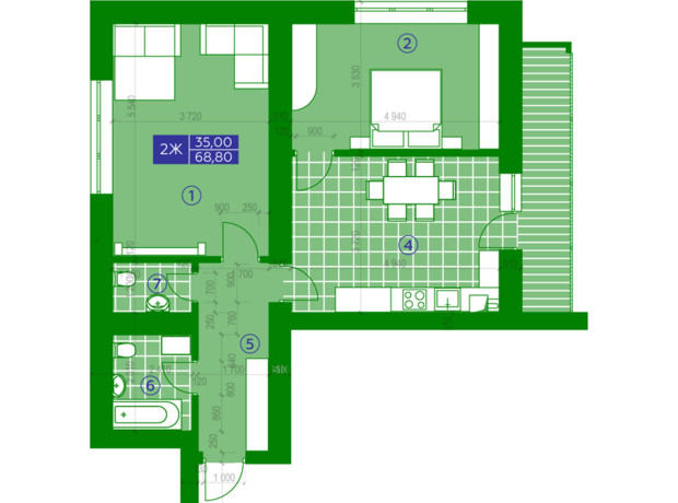 ЖК Парковый Квартал : планировка 2-комнатной квартиры 68.8 м²