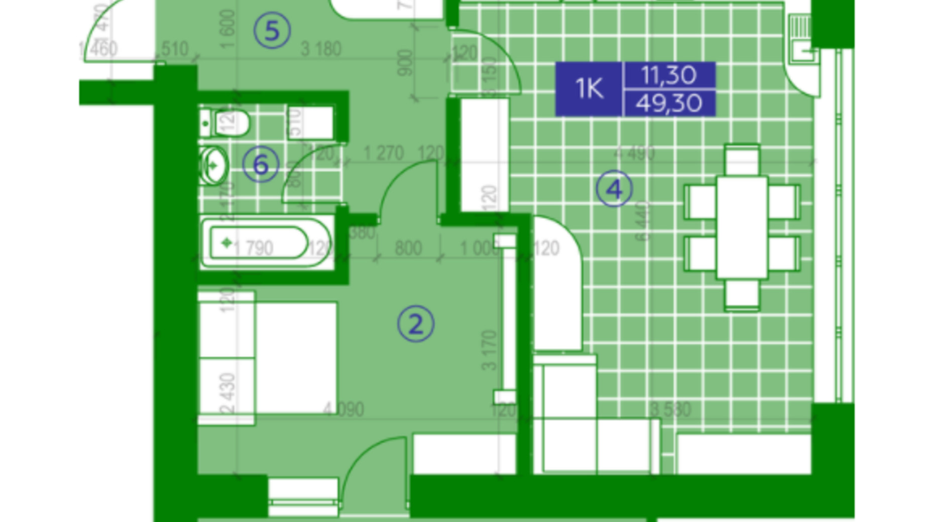 Планировка 1-комнатной квартиры в ЖК Парковый Квартал  49.3 м², фото 230642