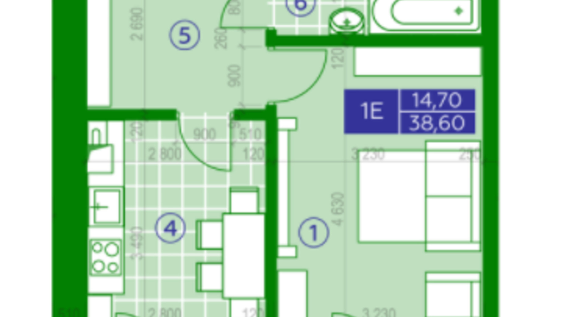 Планировка 1-комнатной квартиры в ЖК Парковый Квартал  38.6 м², фото 230645