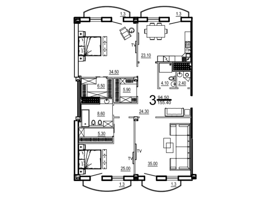 Планировка 3-комнатной квартиры в КД Biarritz 155.4 м², фото 230734 Планировка 3-комнатной квартиры в КД Biarritz 155.4 м², фото 230734