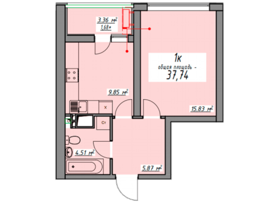 Планування 1-кімнатної квартири в ЖК Елегія Парк 37.74 м², фото 230937 Планування 1-кімнатної квартири в ЖК Елегія Парк 37.74 м², фото 230937