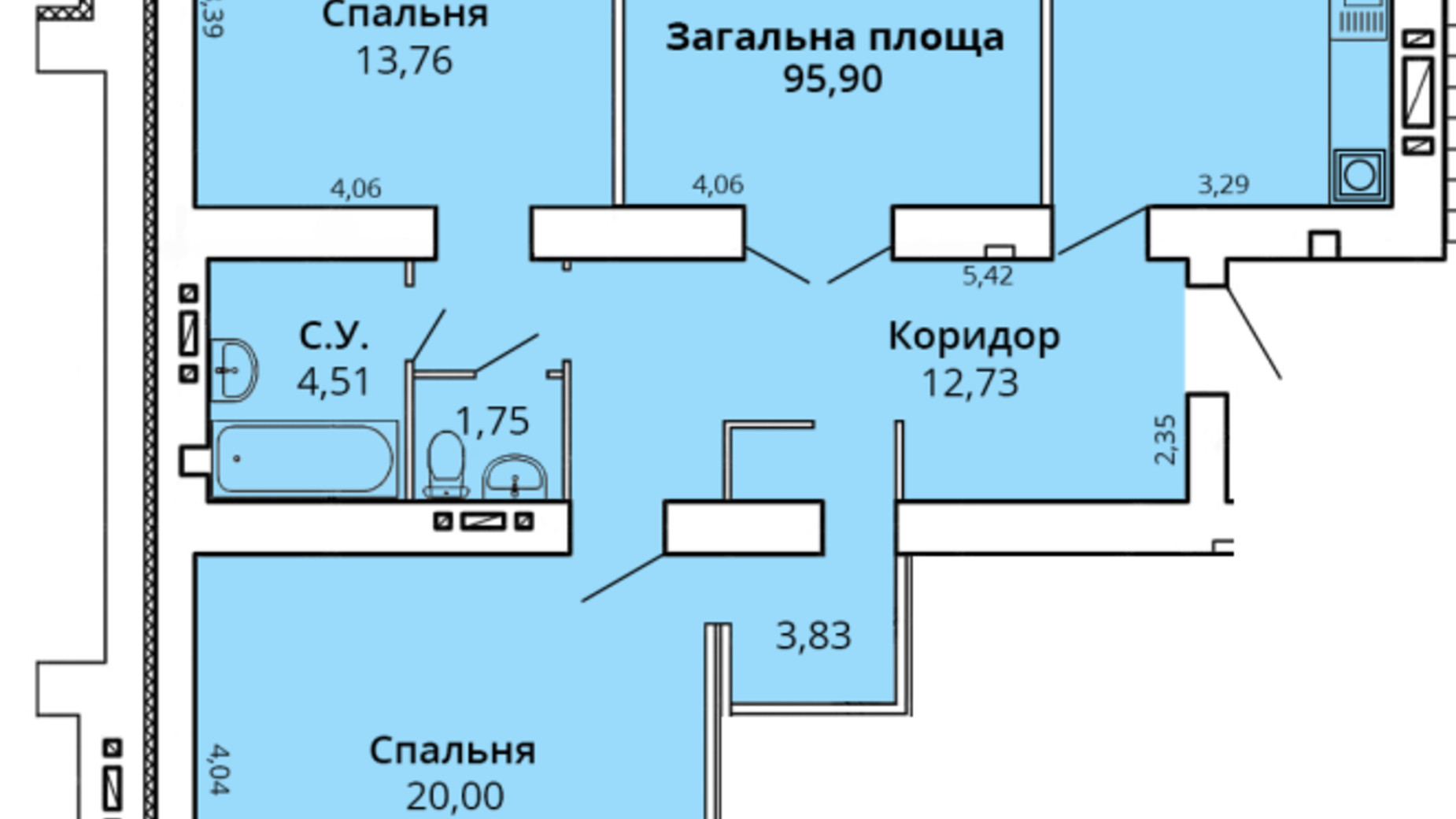 Планировка 3-комнатной квартиры в ЖК Премьер Хаус 102.01 м², фото 231454