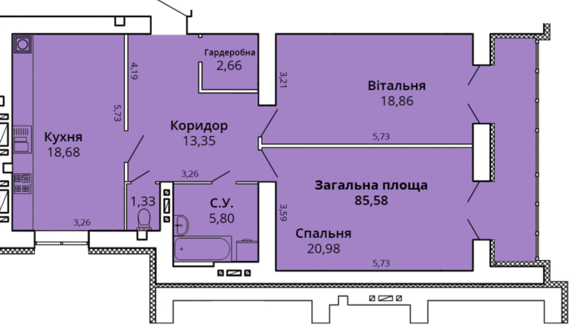 Планування 2-кімнатної квартири в ЖК Прем'єр Хаус 90.66 м², фото 231456