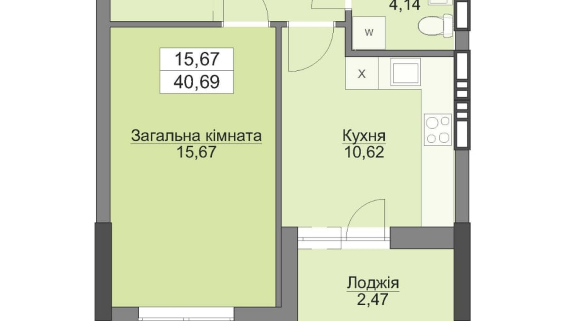 Планировка 1-комнатной квартиры в ЖК Vyshgorod Plaza 40.69 м², фото 231629