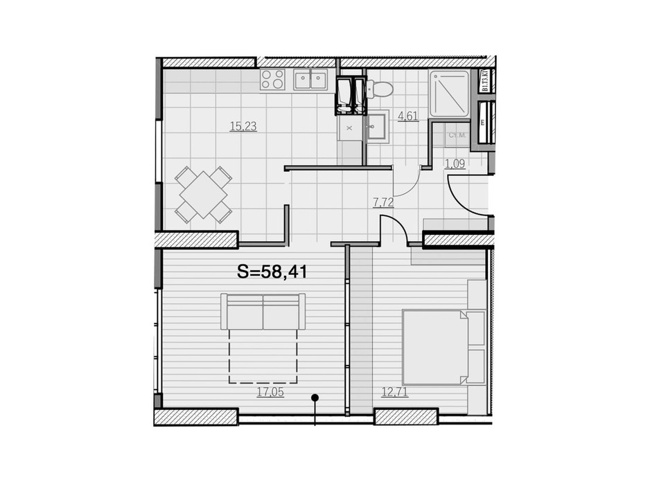 Планування 2-кімнатної квартири в ЖК Park Hills 58.41 м², фото 231750 Планування 2-кімнатної квартири в ЖК Park Hills 58.41 м², фото 231750