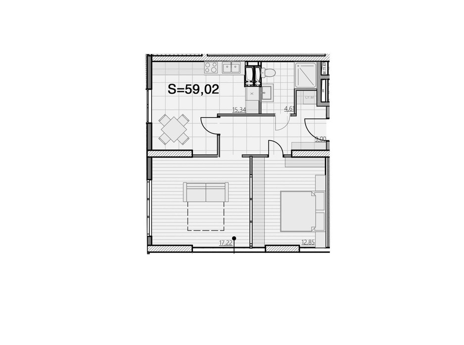 Планування 2-кімнатної квартири в ЖК Park Hills 59.02 м², фото 231751 Планування 2-кімнатної квартири в ЖК Park Hills 59.02 м², фото 231751