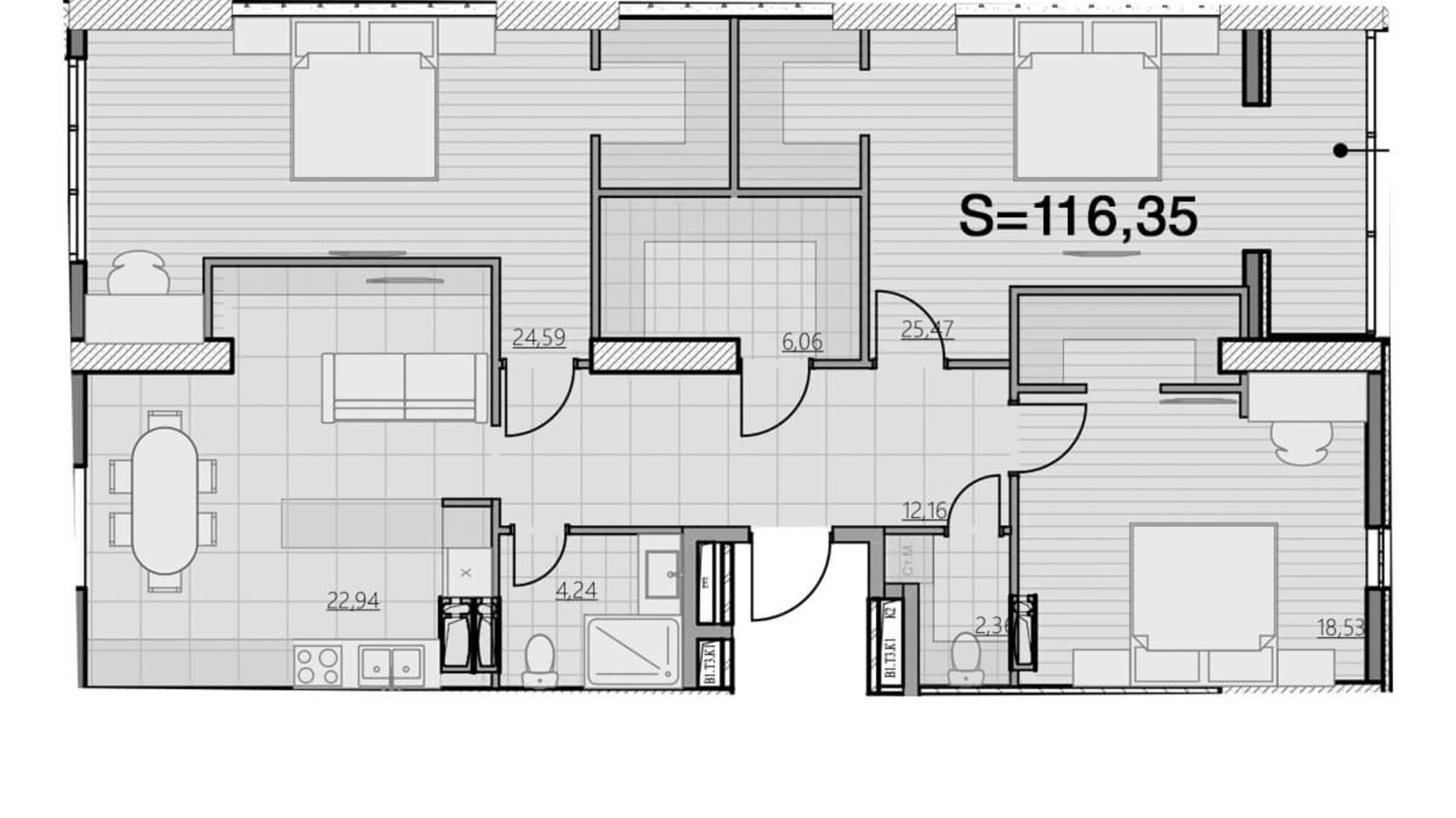 Планування 3-кімнатної квартири в ЖК Park Hills 116.35 м², фото 231752