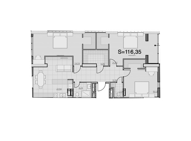 ЖК Park Hills: планировка 3-комнатной квартиры 116.35 м²