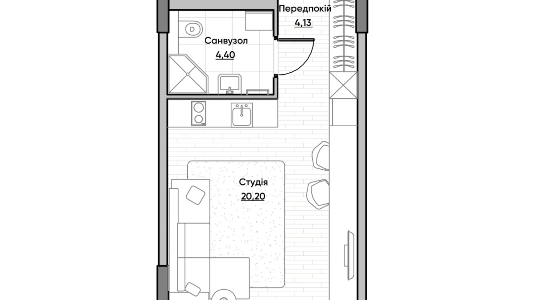 Планировка 1-комнатной квартиры в ЖК Lucky Land 28.73 м², фото 232158