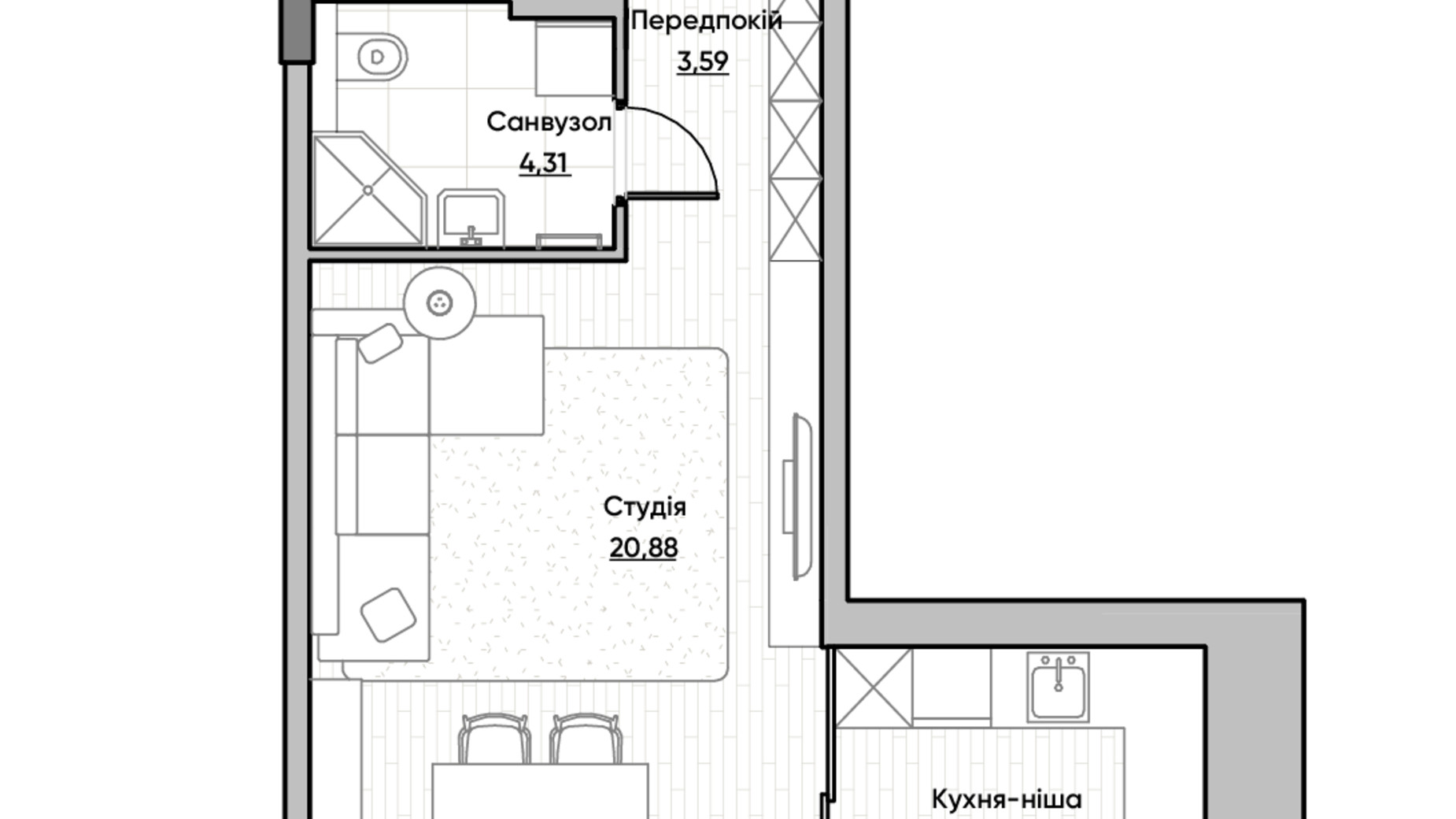 Планування 1-кімнатної квартири в ЖК Lucky Land 35.68 м², фото 232159