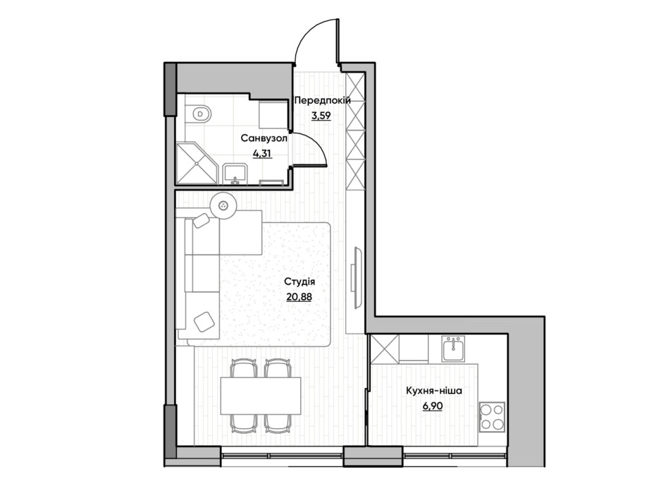 Планировка квартиры студии в ЖК Lucky Land 35.68 м², фото 232159 Планировка квартиры студии в ЖК Lucky Land 35.68 м², фото 232159