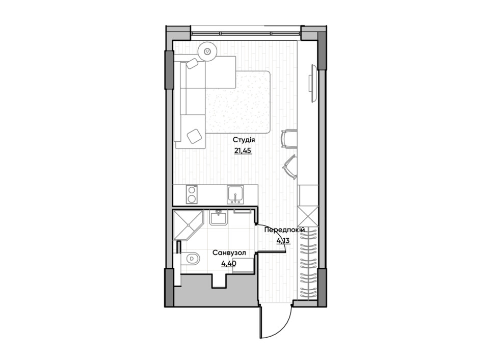 Планировка квартиры студии в ЖК Lucky Land 29.82 м², фото 232160 Планировка квартиры студии в ЖК Lucky Land 29.82 м², фото 232160