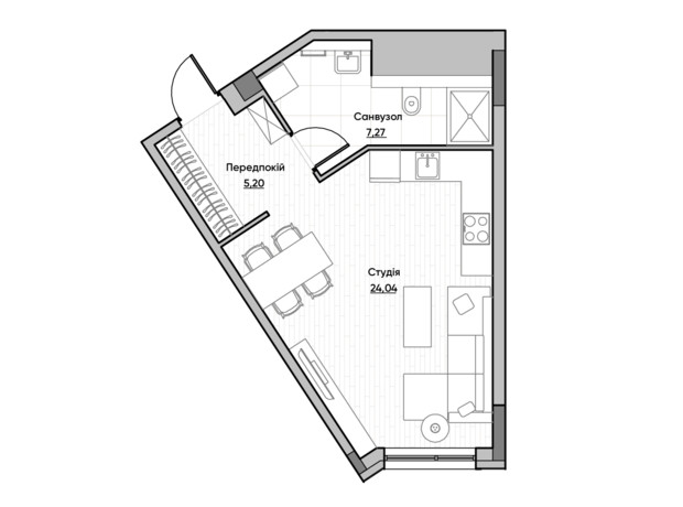 ЖК Lucky Land: планування 1-кімнатної квартири 36.51 м²