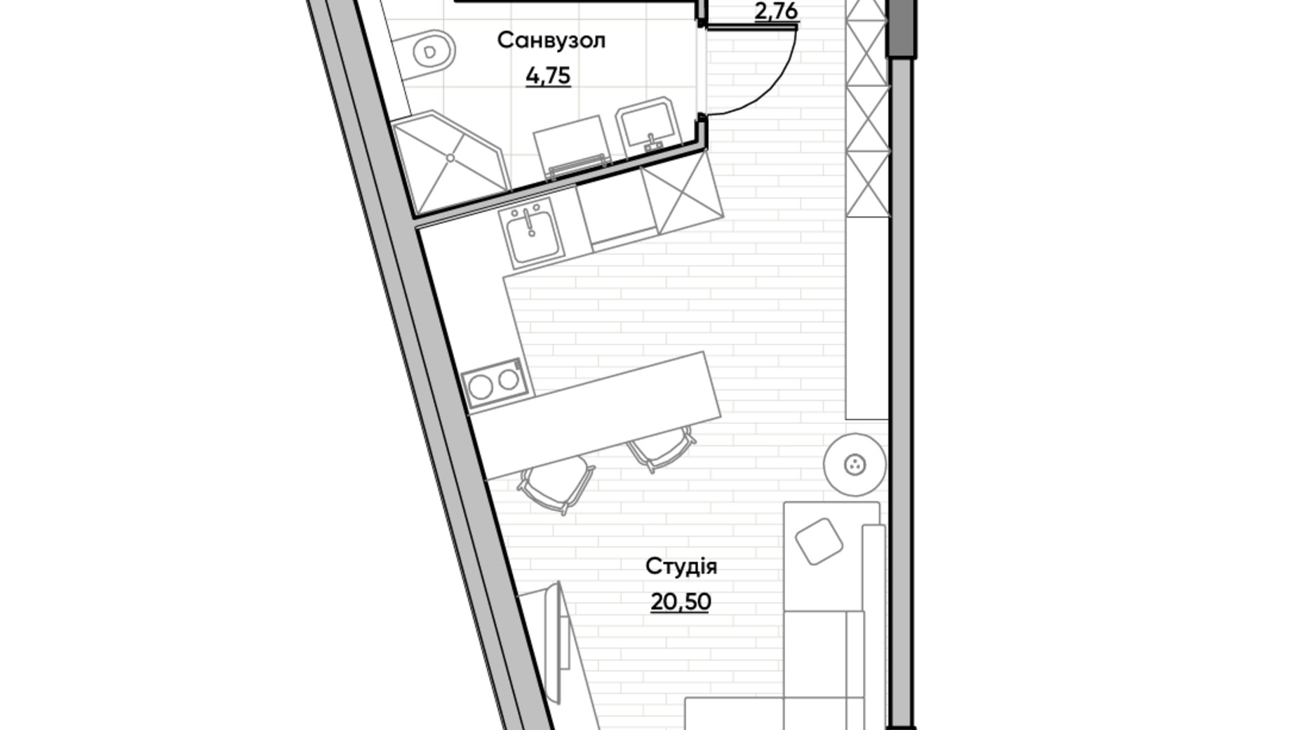 Планування 1-кімнатної квартири в ЖК Lucky Land 28.01 м², фото 232165