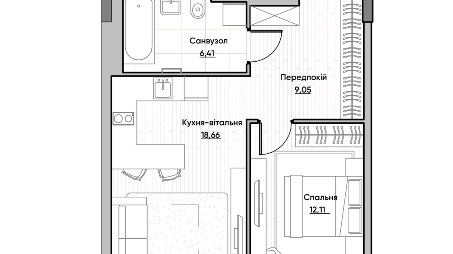 Планування 1-кімнатної квартири в ЖК Lucky Land 46.23 м², фото 232166