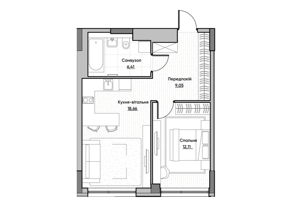 Планировка 1-комнатной квартиры в ЖК Lucky Land 46.23 м², фото 232166 Планировка 1-комнатной квартиры в ЖК Lucky Land 46.23 м², фото 232166