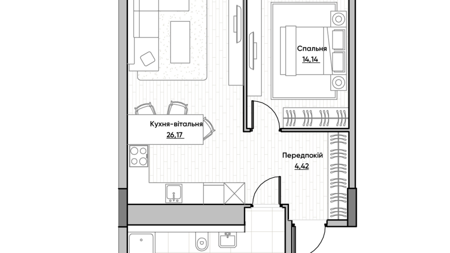 Планування 1-кімнатної квартири в ЖК Lucky Land 54.51 м², фото 232167