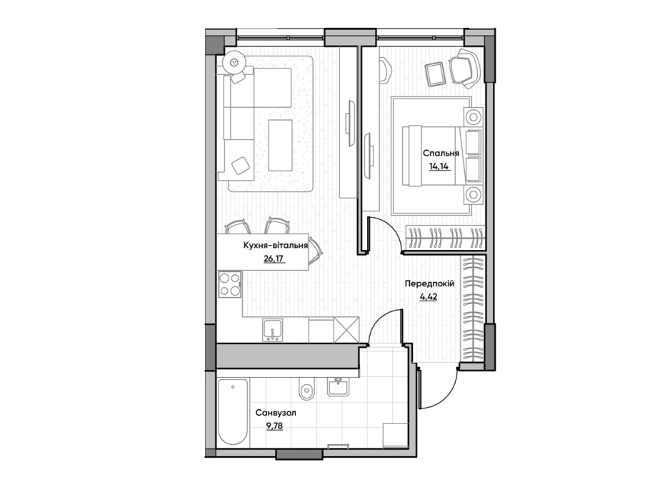 Планировка 1-комнатной квартиры в ЖК Lucky Land 54.51 м², фото 232167 Планировка 1-комнатной квартиры в ЖК Lucky Land 54.51 м², фото 232167
