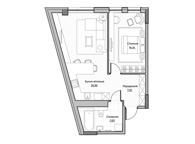 ЖК Lucky Land: планування 1-кімнатної квартири 52.82 м²