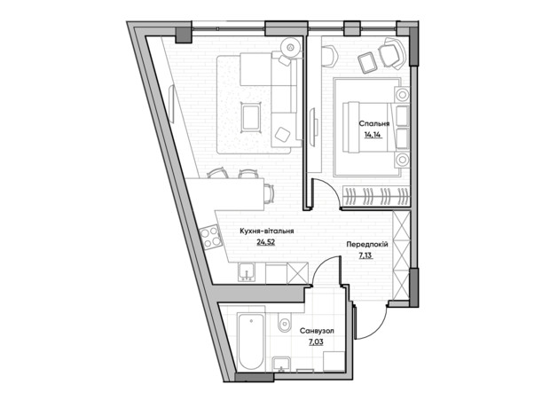 ЖК Lucky Land: планування 1-кімнатної квартири 52.82 м² ЖК Lucky Land: планування 1-кімнатної квартири 52.82 м²
