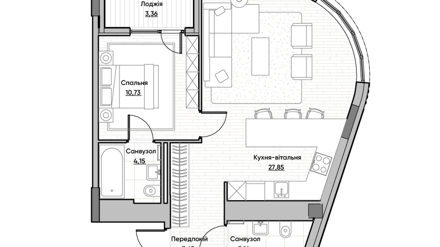 Планування 1-кімнатної квартири в ЖК Lucky Land 58.9 м², фото 232169