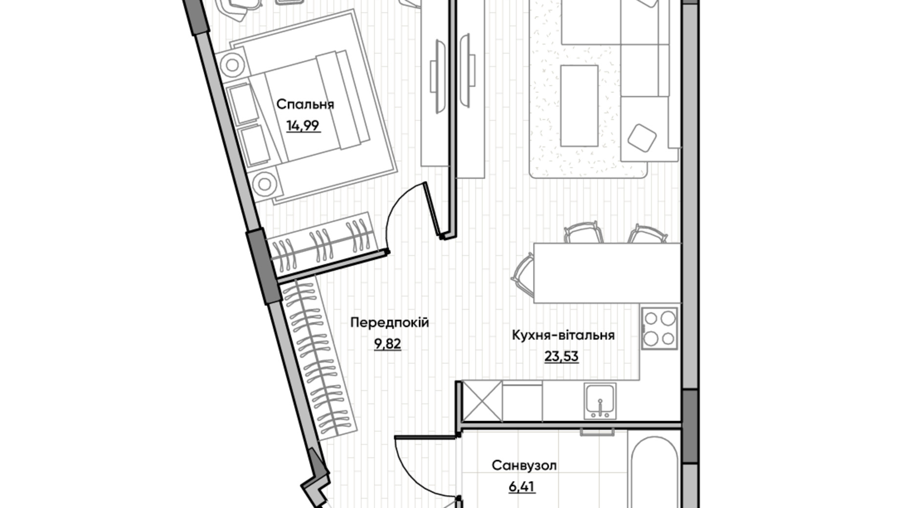 Планування 1-кімнатної квартири в ЖК Lucky Land 54.75 м², фото 232170