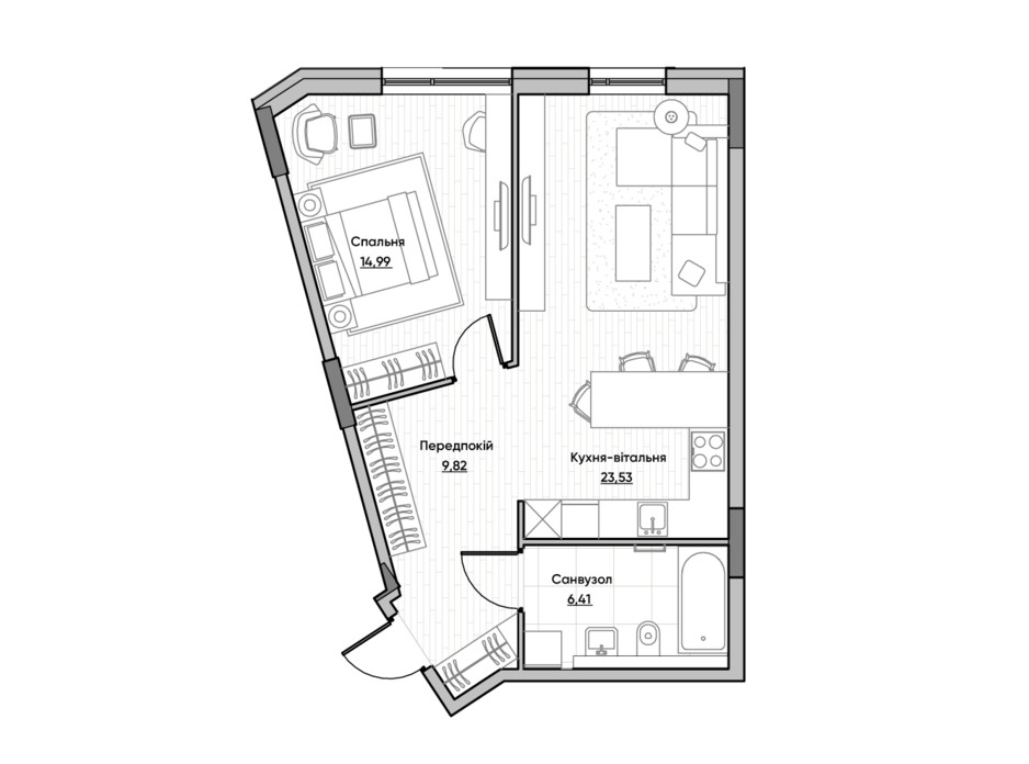 Планировка 1-комнатной квартиры в ЖК Lucky Land 54.75 м², фото 232170 Планировка 1-комнатной квартиры в ЖК Lucky Land 54.75 м², фото 232170