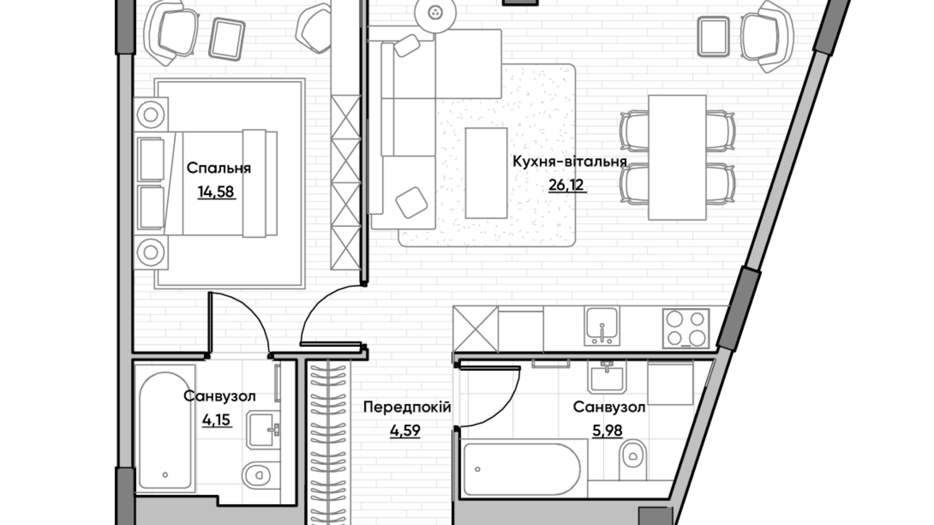 Планування 1-кімнатної квартири в ЖК Lucky Land 55.42 м², фото 232171