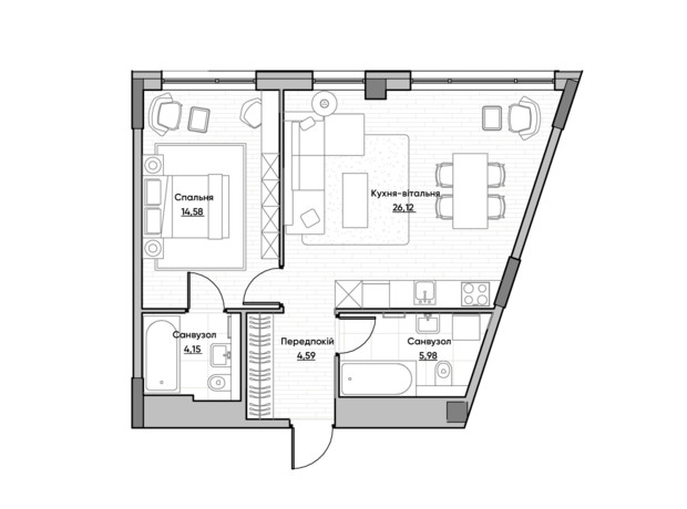 ЖК Lucky Land: планировка 1-комнатной квартиры 55.42 м²