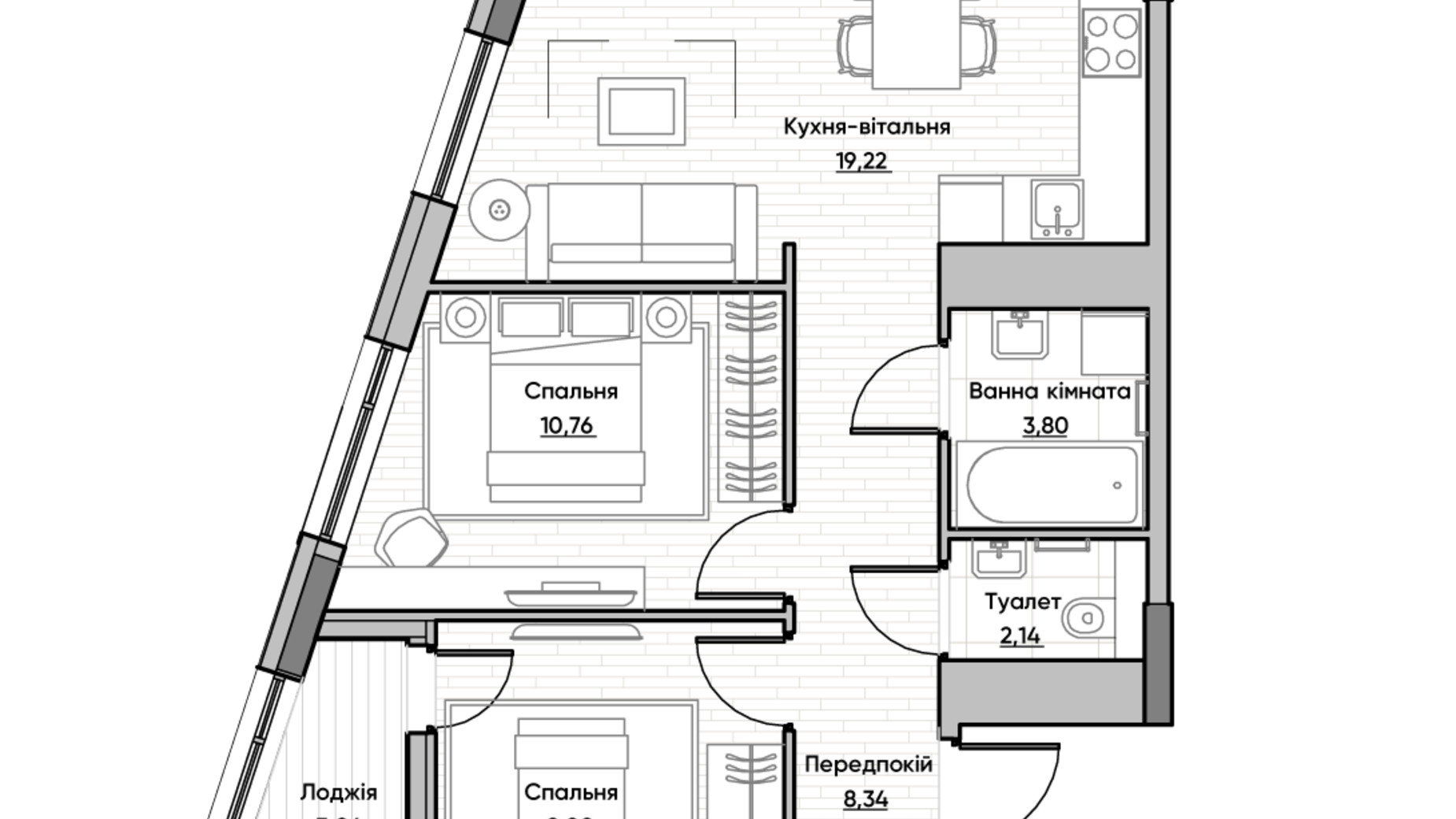 Планування 2-кімнатної квартири в ЖК Lucky Land 56.32 м², фото 232172