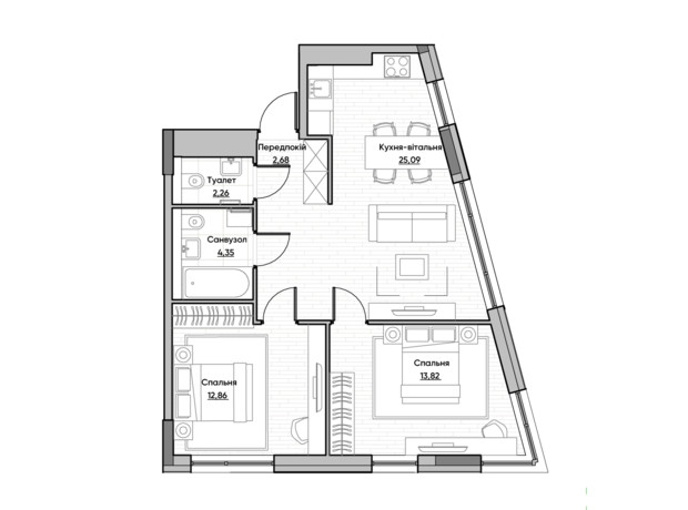 ЖК Lucky Land: планування 2-кімнатної квартири 61.06 м²