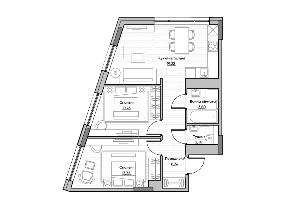 Планировка 2-комнатной квартиры в ЖК Lucky Land 57.58 м², фото 232174 Планировка 2-комнатной квартиры в ЖК Lucky Land 57.58 м², фото 232174