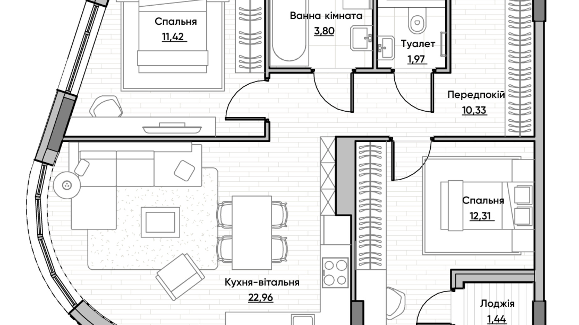 Планування 2-кімнатної квартири в ЖК Lucky Land 64.23 м², фото 232175