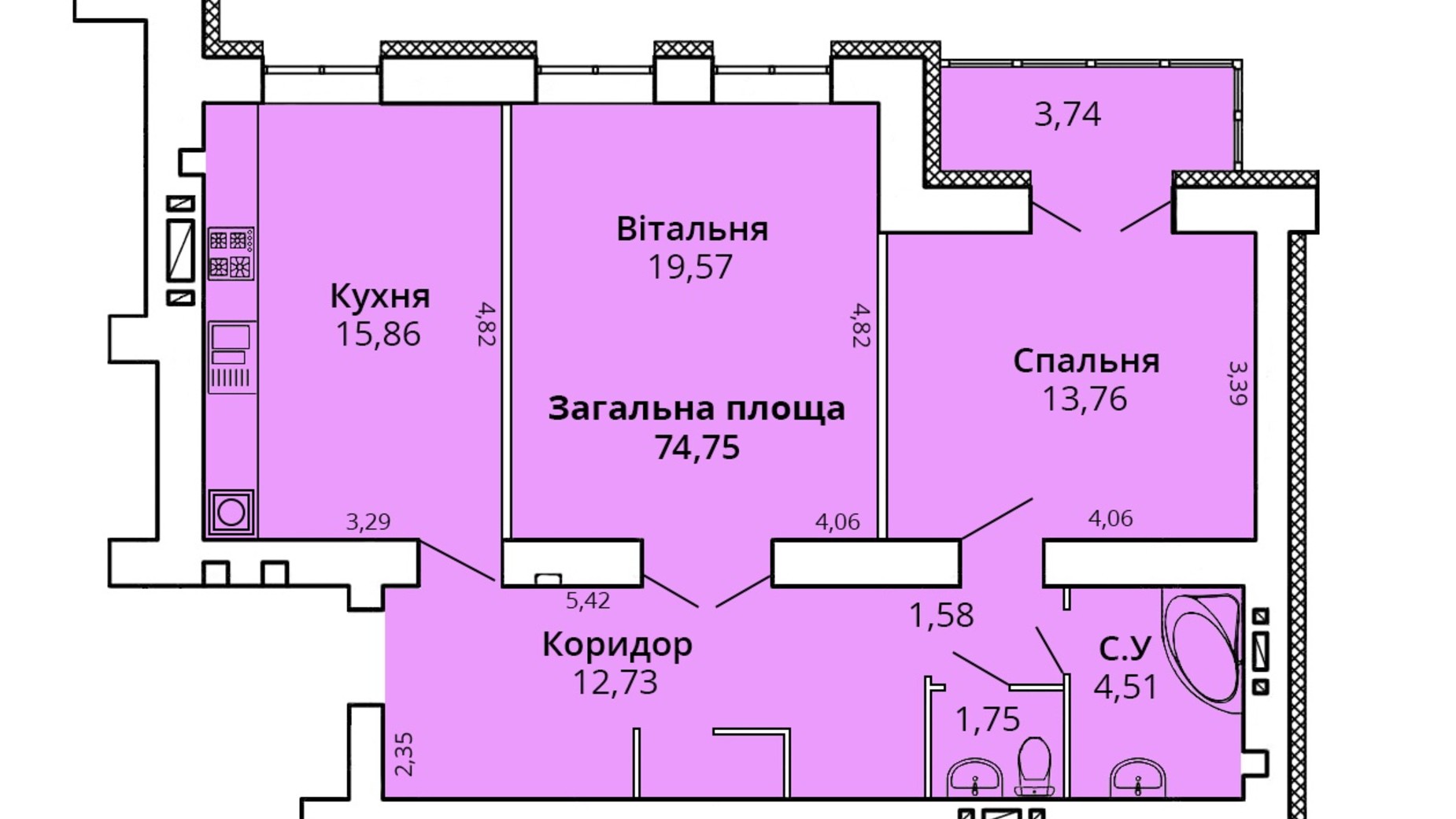 Планировка 2-комнатной квартиры в ЖК Премьер Хаус 74.75 м², фото 232211