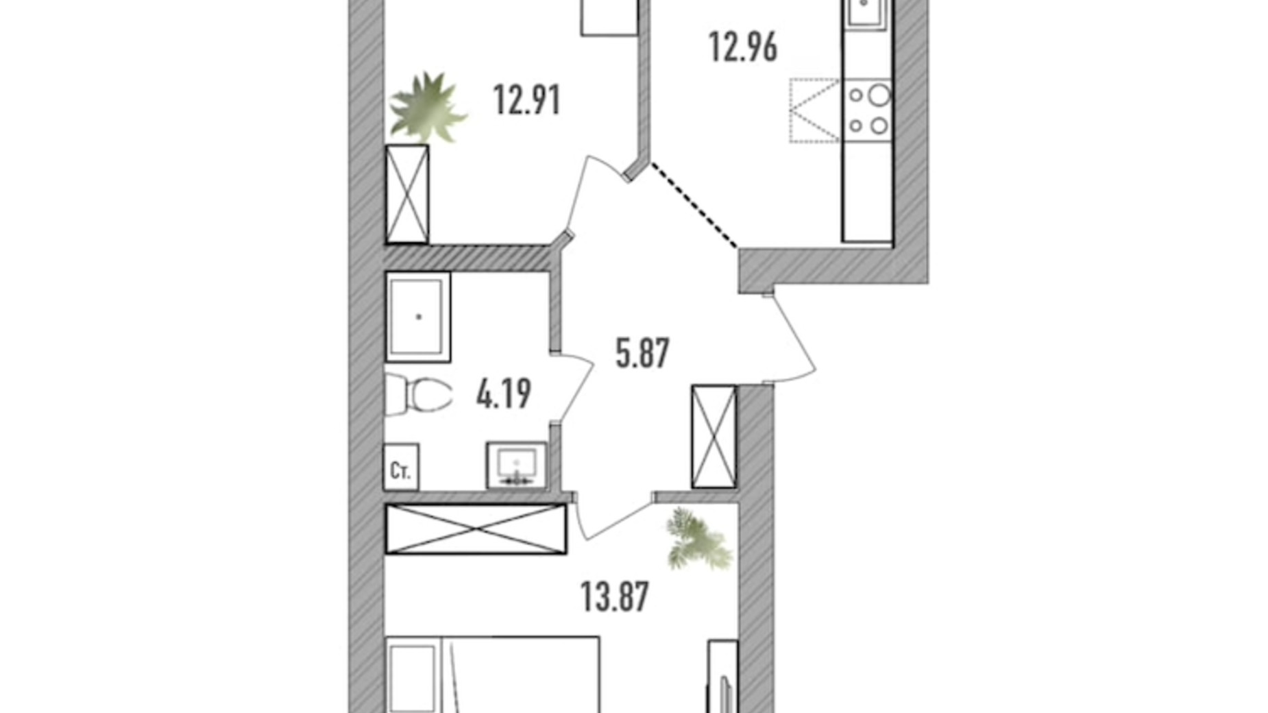 Планировка 2-комнатной квартиры в ЖК Вилла Севилья 54 м², фото 232331