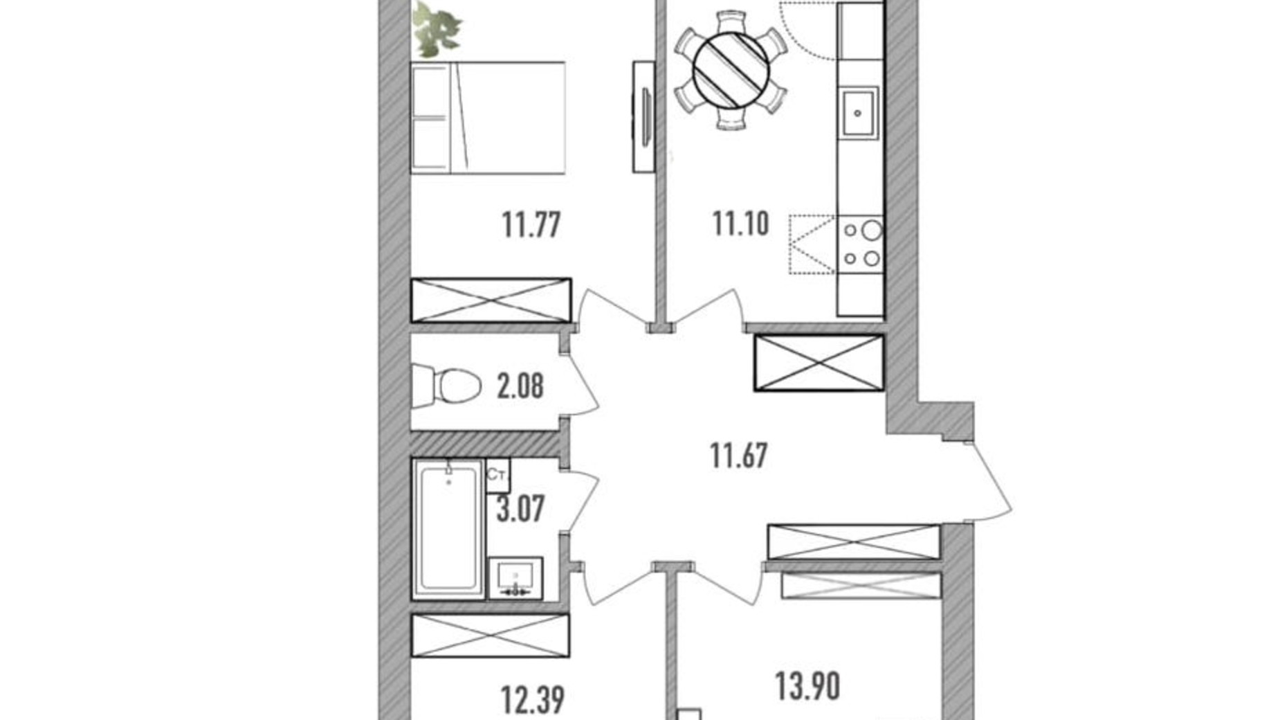 Планування 3-кімнатної квартири в ЖК Вілла Севілья 70 м², фото 232360