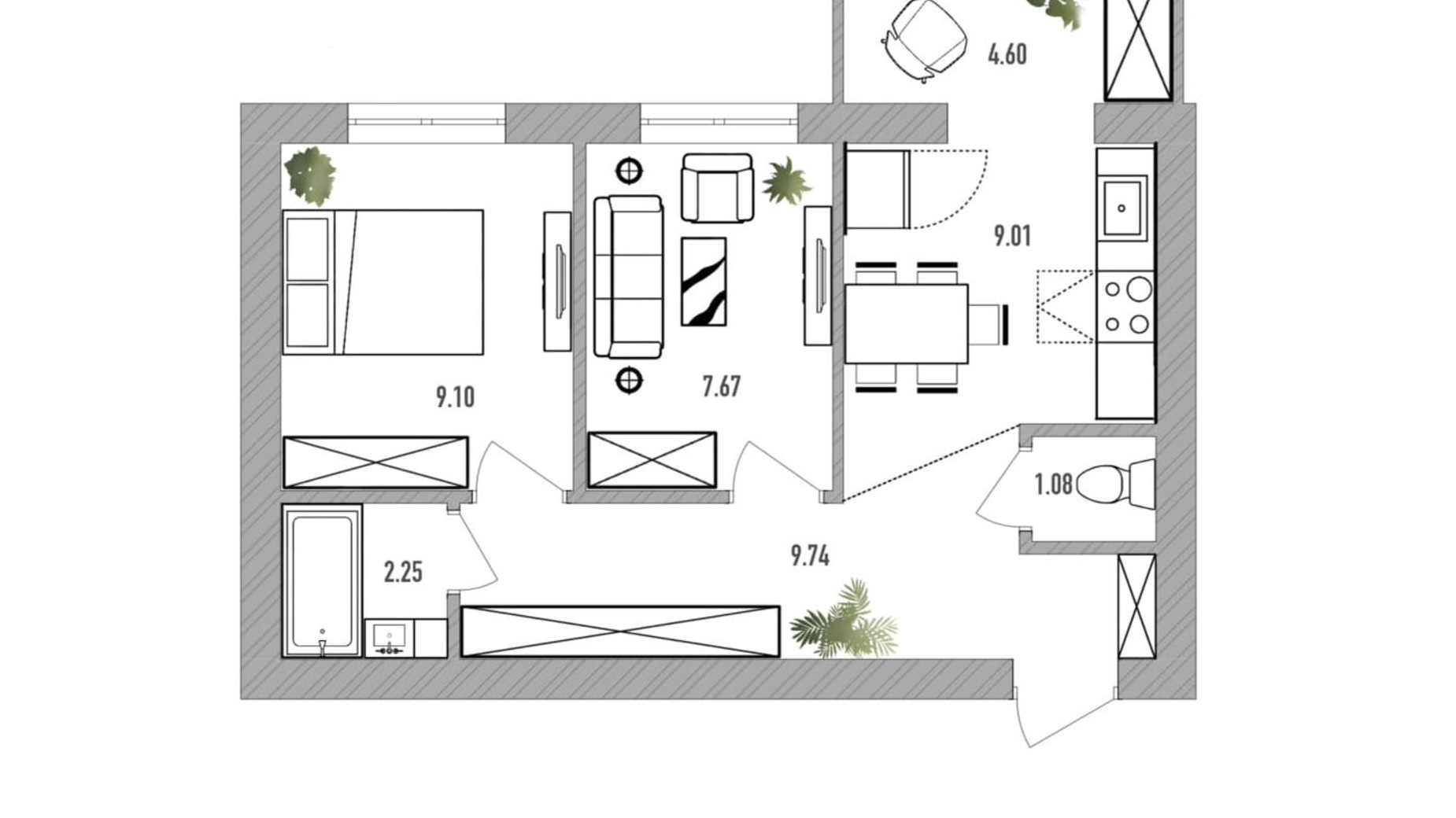 Планировка 2-комнатной квартиры в ЖК Вилла Севилья 43 м², фото 232361