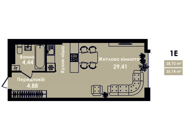 ЖК Kokos Avenue: планировка 1-комнатной квартиры 39 м²