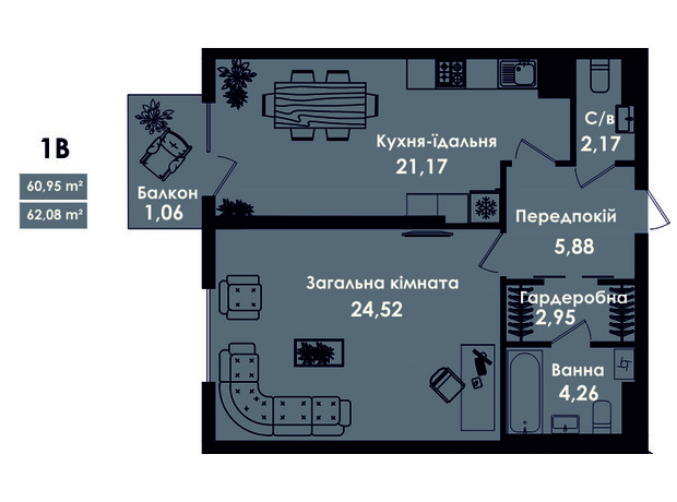 ЖК Kokos Avenue: планування 1-кімнатної квартири 62 м²