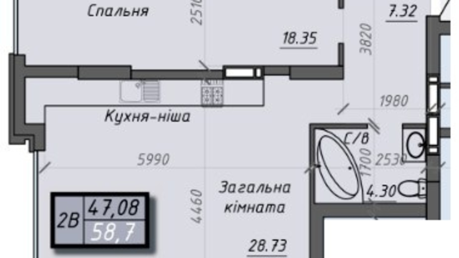 Планировка 2-комнатной квартиры в ЖК Iceberg 2 58.7 м², фото 232882