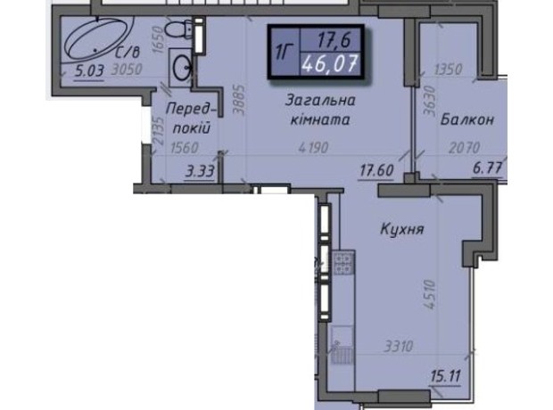ЖК Iceberg 2: планировка 1-комнатной квартиры 46.07 м²