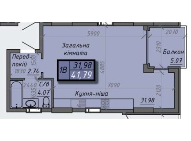 ЖК Iceberg 2: планування 1-кімнатної квартири 41.79 м²