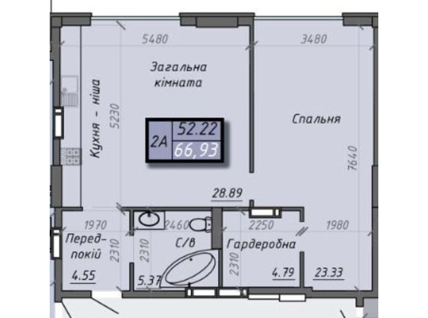 ЖК Iceberg 2: планировка 2-комнатной квартиры 66.93 м²