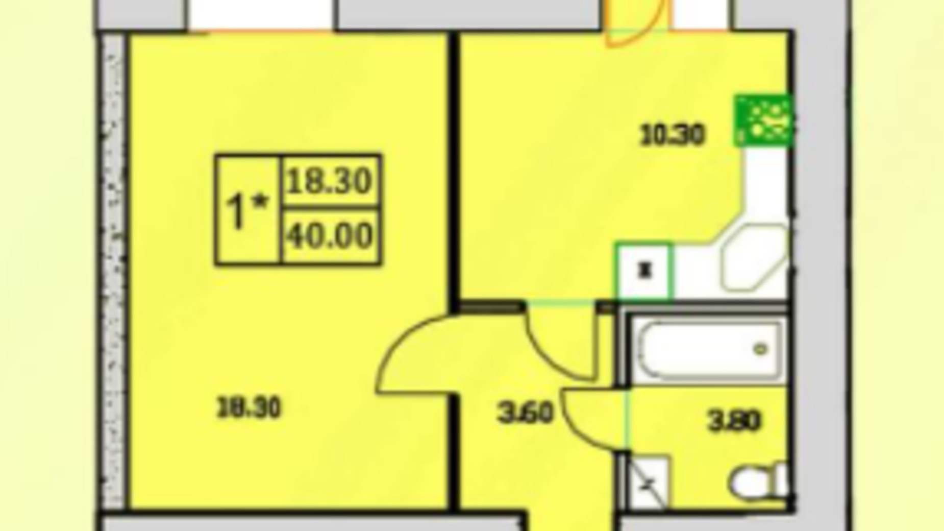 Планування 1-кімнатної квартири в ЖК Сонячна Оселя 40 м², фото 232961